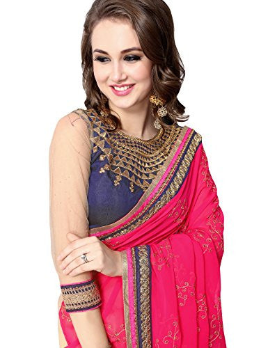 Panchratna Women S Pink and Cream georegette ethnic saree with blouse piece material... For Sale