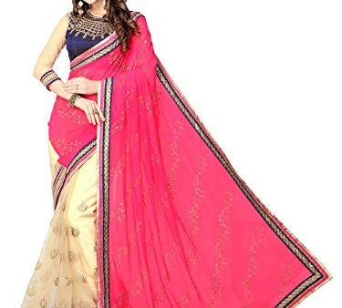 Panchratna Women S Pink and Cream georegette ethnic saree with blouse piece material... For Sale