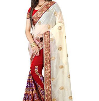 B Bella Creation Women s Georgette Saree (CREAM AND RED COLOUR BLUE YARN_Multi-Coloured_Free size) Online Sale