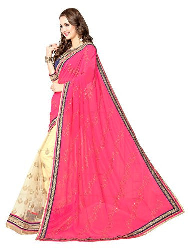 Panchratna Women S Pink and Cream georegette ethnic saree with blouse piece material... For Sale